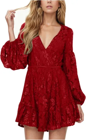 Casual Dresses for Women Womens Long Sleeve Dress V Neck Bubble Tie Waist Floral Flowy Swing Mini Dresses for Women