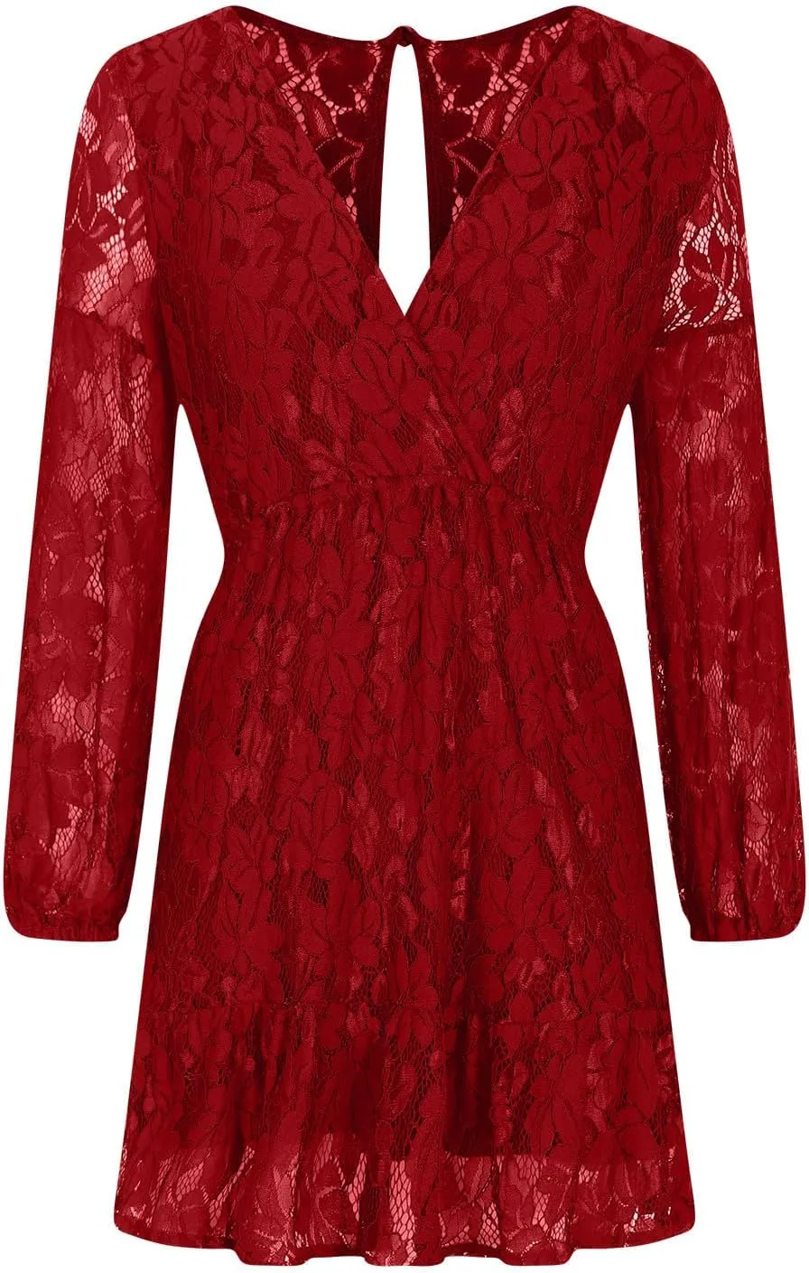 Casual Dresses for Women Womens Long Sleeve Dress V Neck Bubble Tie Waist Floral Flowy Swing Mini Dresses for Women