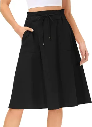 Casual Skirts for Women High Waisted A-Line Midi Length Bohemian Skirt Side Pockets Adjustable Belt Tiered Ruffles