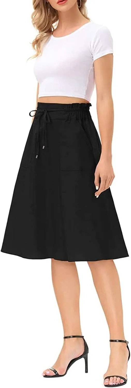 Casual Skirts for Women High Waisted A-Line Midi Length Bohemian Skirt Side Pockets Adjustable Belt Tiered Ruffles