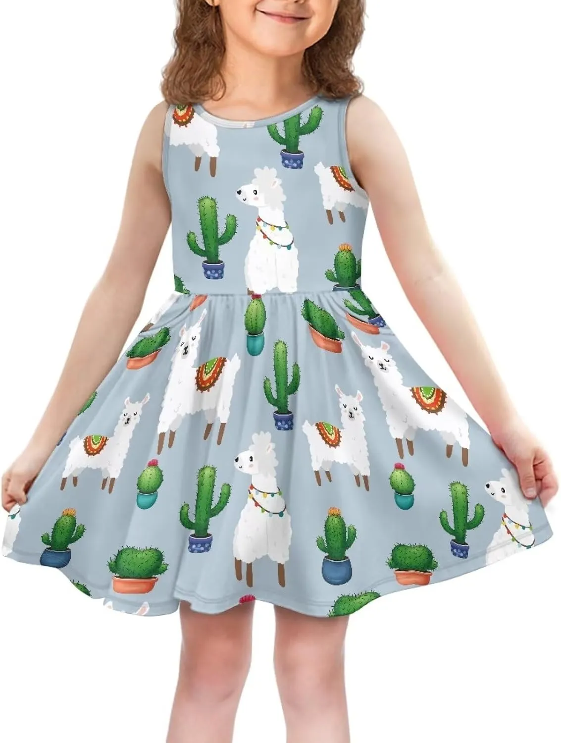Casual Sleeveless Summer Skater Dress for Girl Loose Swing Cute Print Sundress with Pockets