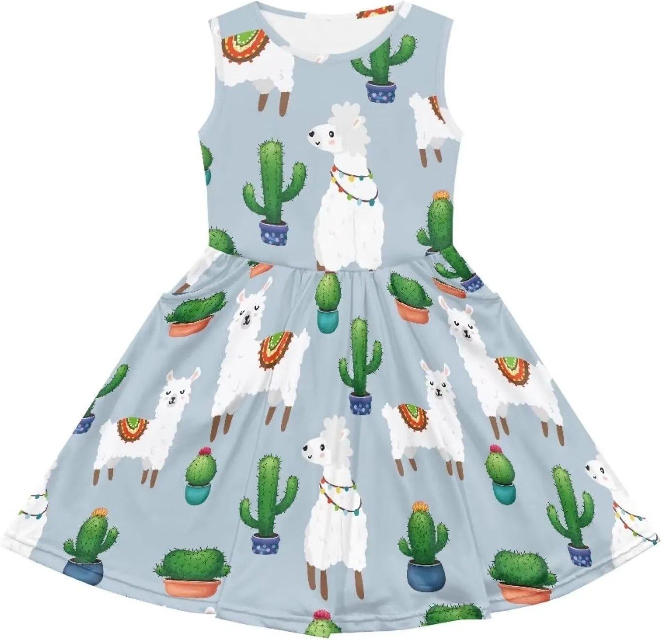 Casual Sleeveless Summer Skater Dress for Girl Loose Swing Cute Print Sundress with Pockets