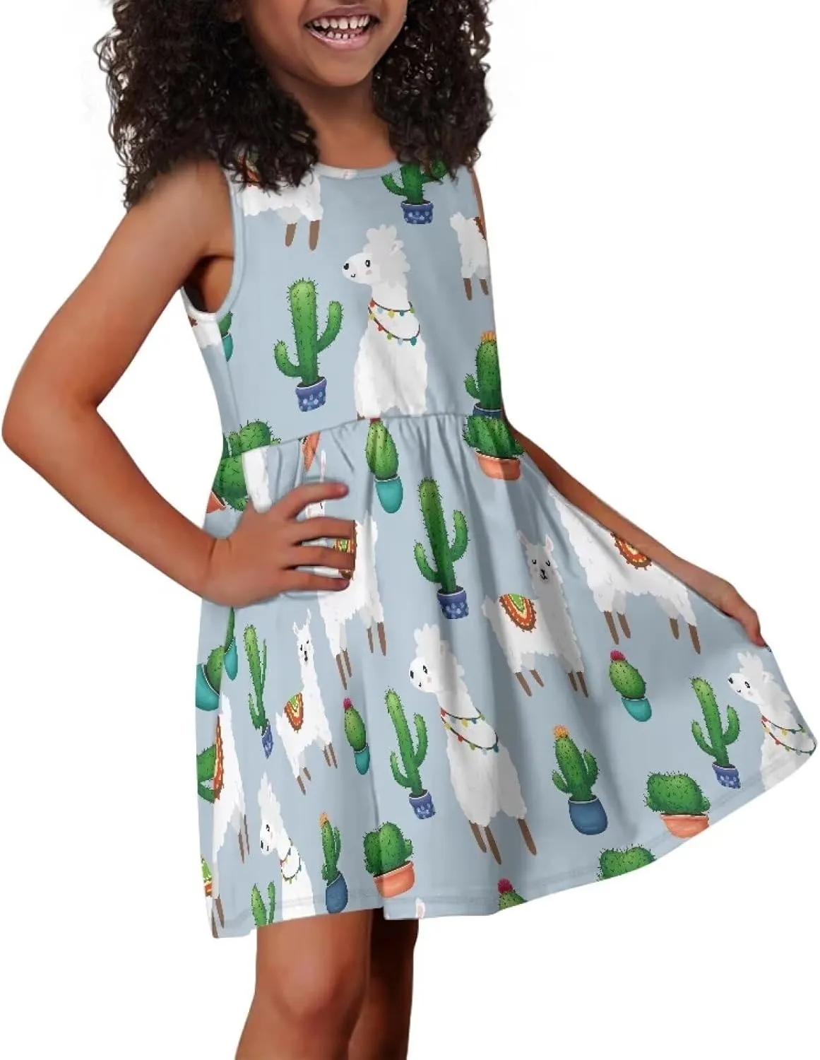 Casual Sleeveless Summer Skater Dress for Girl Loose Swing Cute Print Sundress with Pockets