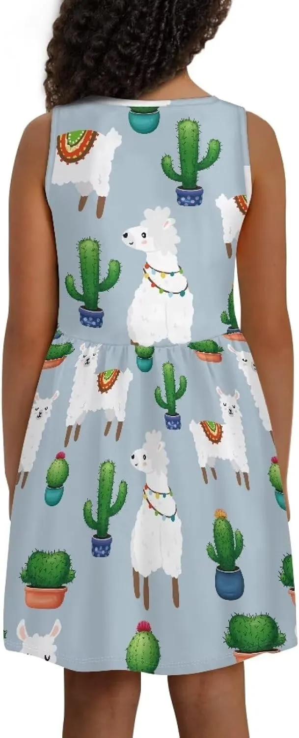 Casual Sleeveless Summer Skater Dress for Girl Loose Swing Cute Print Sundress with Pockets