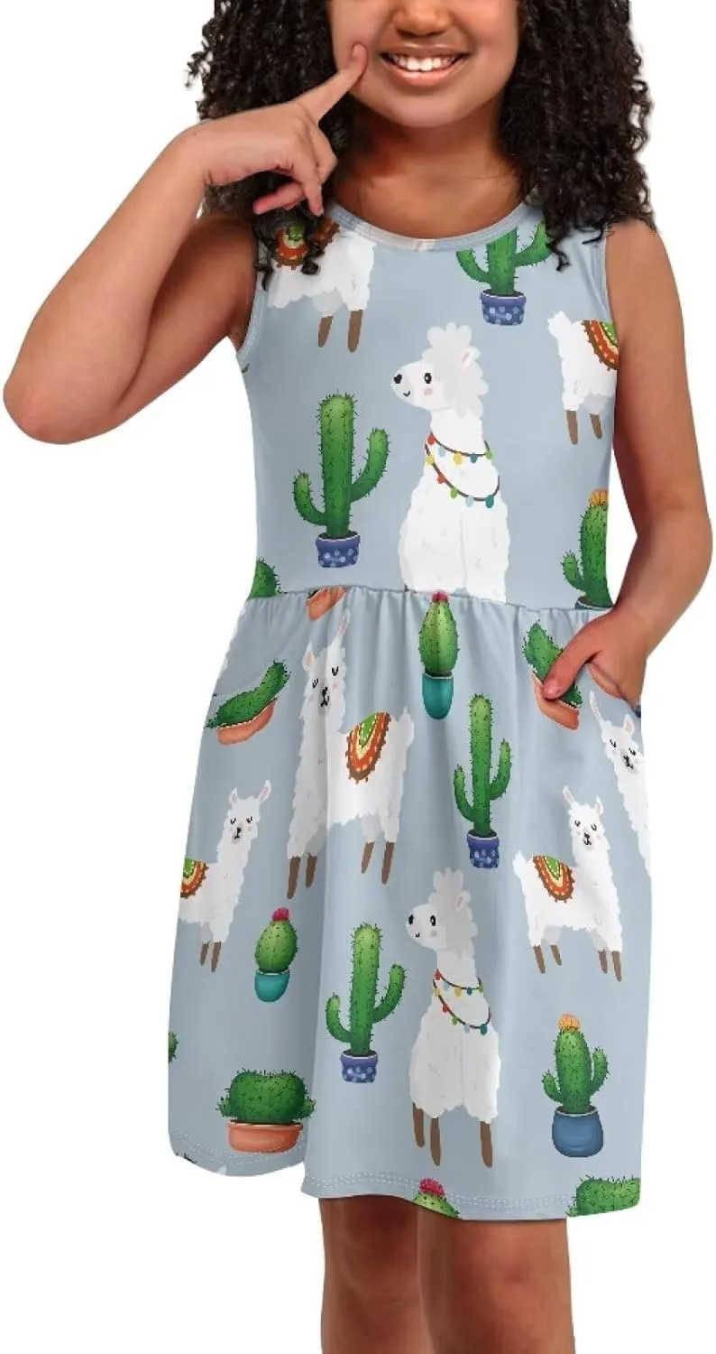 Casual Sleeveless Summer Skater Dress for Girl Loose Swing Cute Print Sundress with Pockets