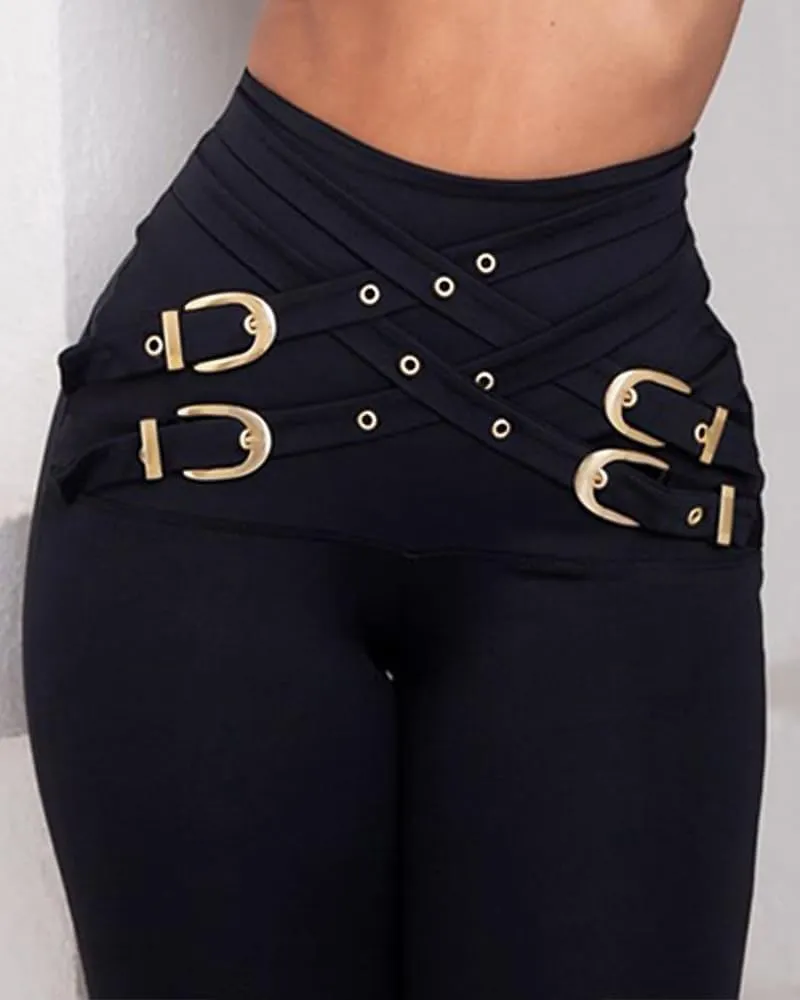 CHICME Womens Slim fit Black Pants Criss Cross Buckled Decor High Waist Skinny Pants Trousers Leggings