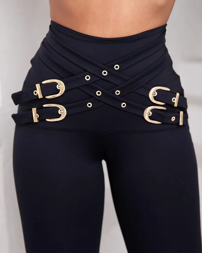 CHICME Womens Slim fit Black Pants Criss Cross Buckled Decor High Waist Skinny Pants Trousers Leggings