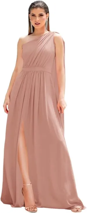 Chiffon Bridesmaid Dresses for Women Flowy One Shoulder Wedding Guest Dresses Long Pleated Formal Dress with Slit