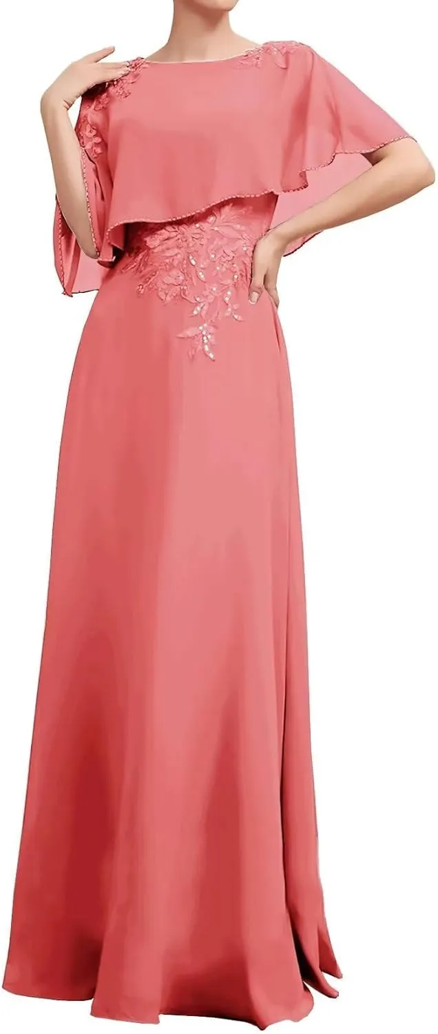 Chiffon Mother of The Bride Dresses with Shawl Cape Formal Long A-Line Cape Sleeve Evening Dress YB76