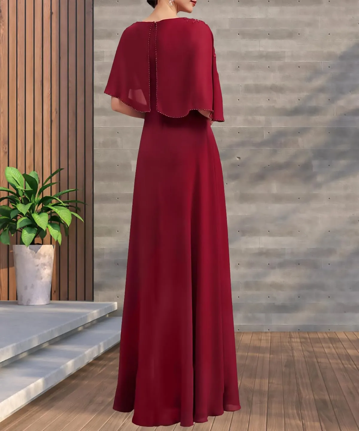 Chiffon Mother of The Bride Dresses with Shawl Cape Formal Long A-Line Cape Sleeve Evening Dress YB76