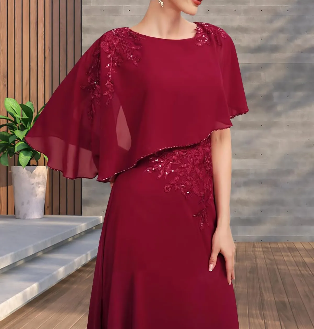 Chiffon Mother of The Bride Dresses with Shawl Cape Formal Long A-Line Cape Sleeve Evening Dress YB76