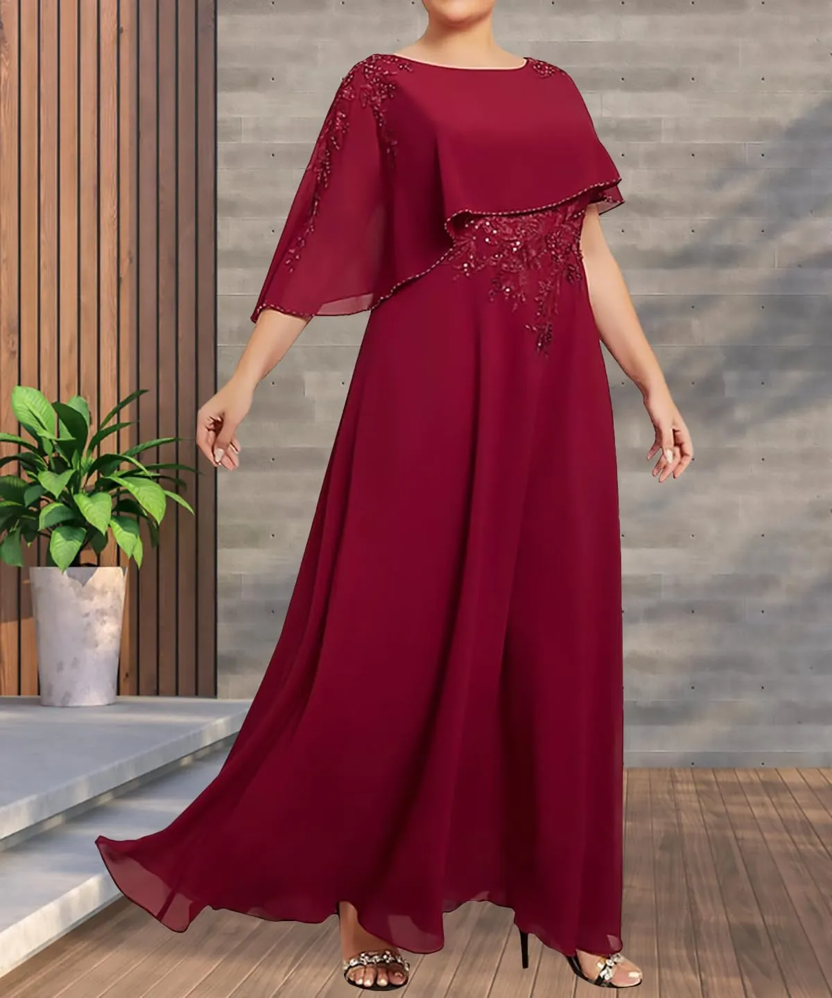 Chiffon Mother of The Bride Dresses with Shawl Cape Formal Long A-Line Cape Sleeve Evening Dress YB76