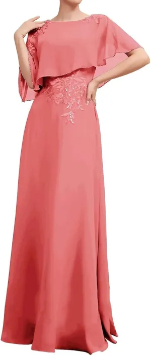 Chiffon Mother of The Bride Dresses with Shawl Cape Formal Long A-Line Cape Sleeve Evening Dress YB76