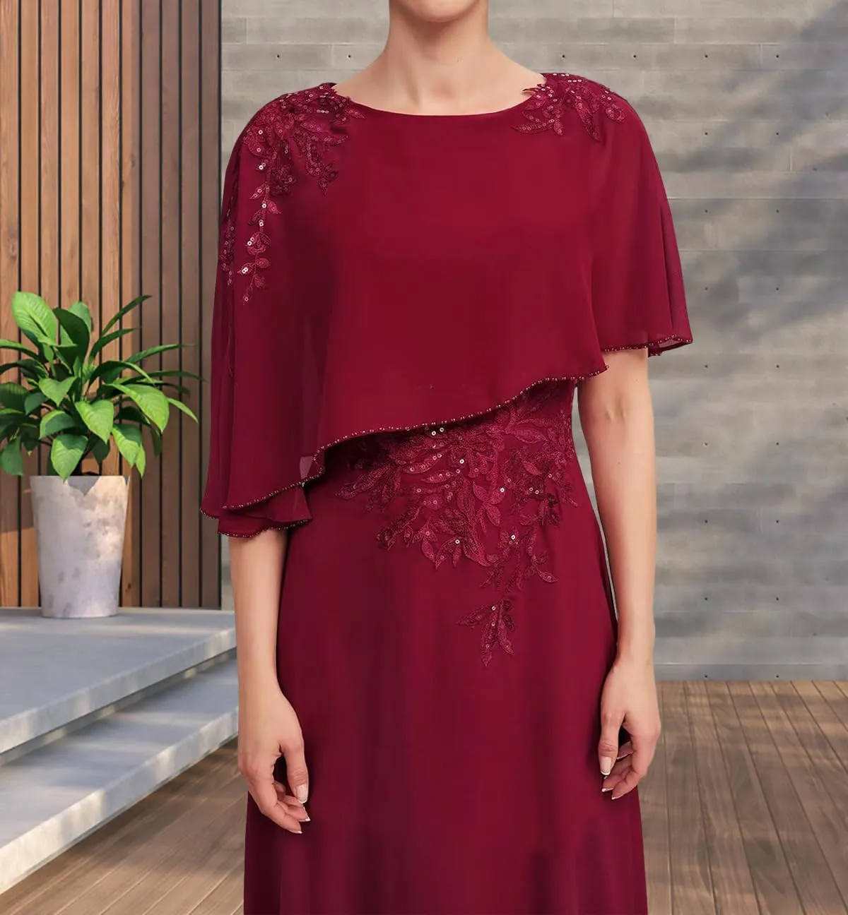 Chiffon Mother of The Bride Dresses with Shawl Cape Formal Long A-Line Cape Sleeve Evening Dress YB76