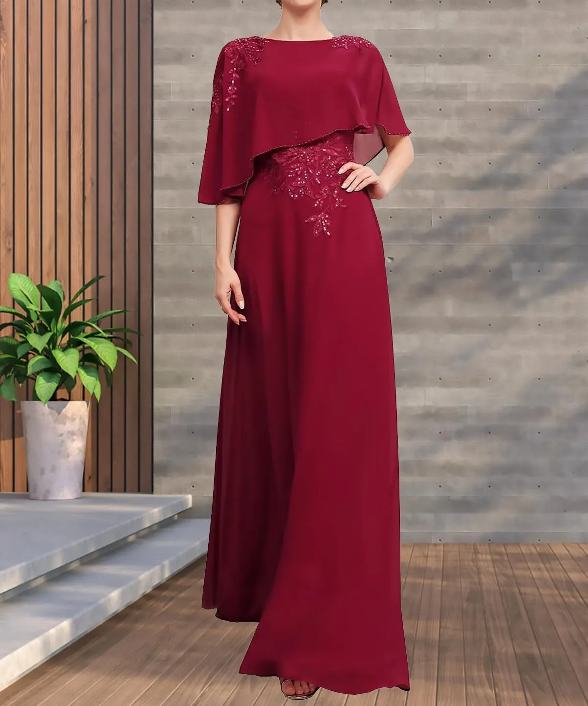 Chiffon Mother of The Bride Dresses with Shawl Cape Formal Long A-Line Cape Sleeve Evening Dress YB76