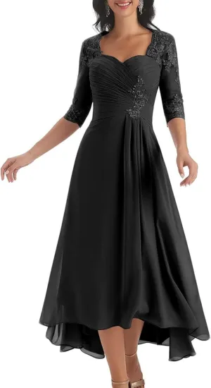 Chiffon Mother of The Bride Dresses with Sleeves Lace Beaded Tea Length Evening Gown A Line Formal Dress YB08