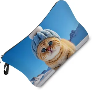 Chubby Cat Makeup Bag Kitten Organizer Zipper Pouch Cat With Hat In The Snow Cosmetic Bag Adorable Kitty Present for Cat Lovers Cat Mom Women Friends