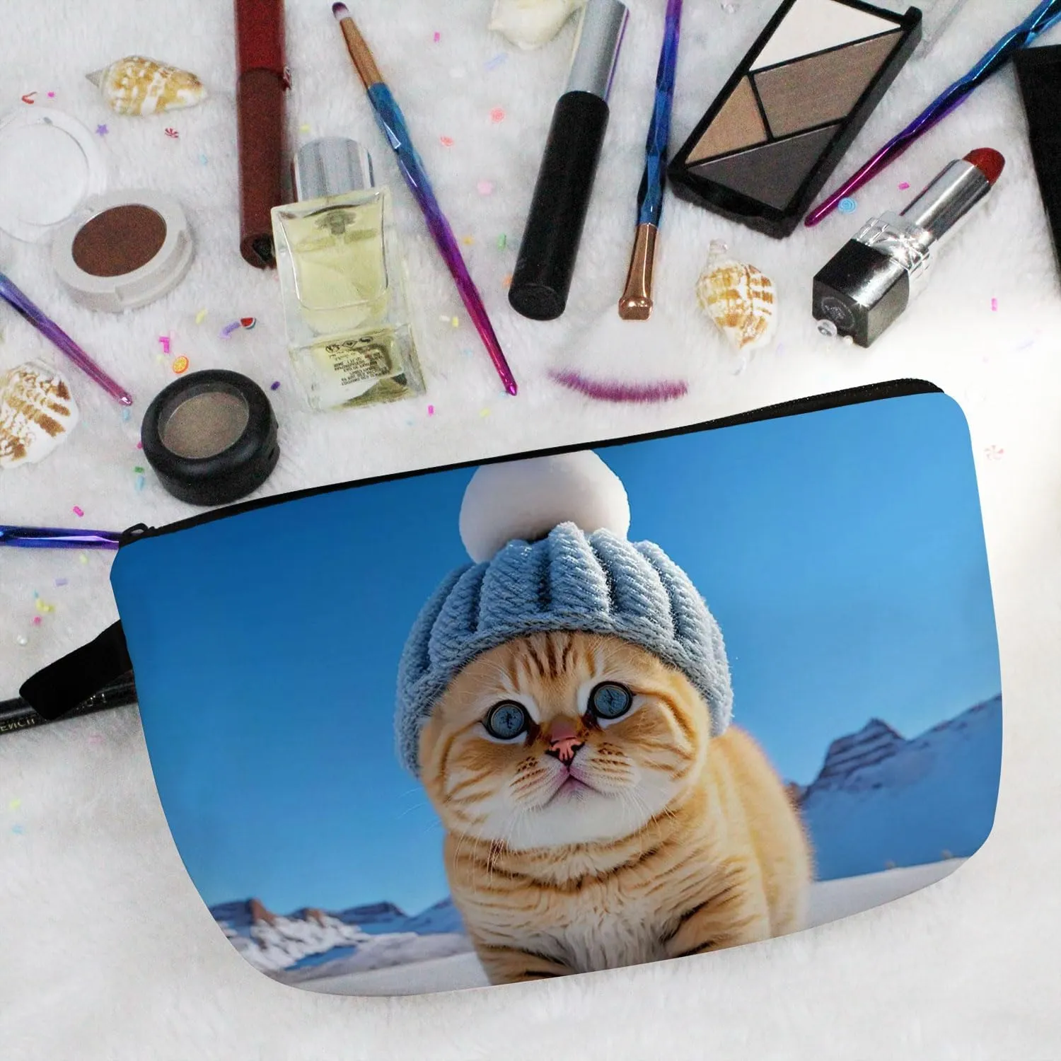 Chubby Cat Makeup Bag Kitten Organizer Zipper Pouch Cat With Hat In The Snow Cosmetic Bag Adorable Kitty Present for Cat Lovers Cat Mom Women Friends