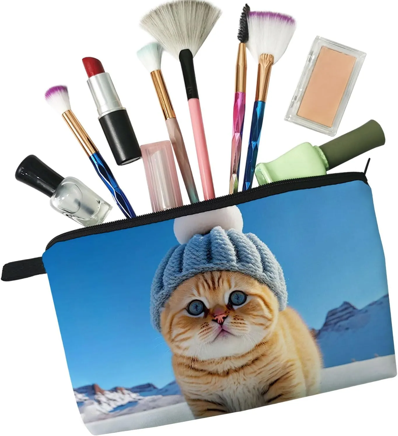 Chubby Cat Makeup Bag Kitten Organizer Zipper Pouch Cat With Hat In The Snow Cosmetic Bag Adorable Kitty Present for Cat Lovers Cat Mom Women Friends