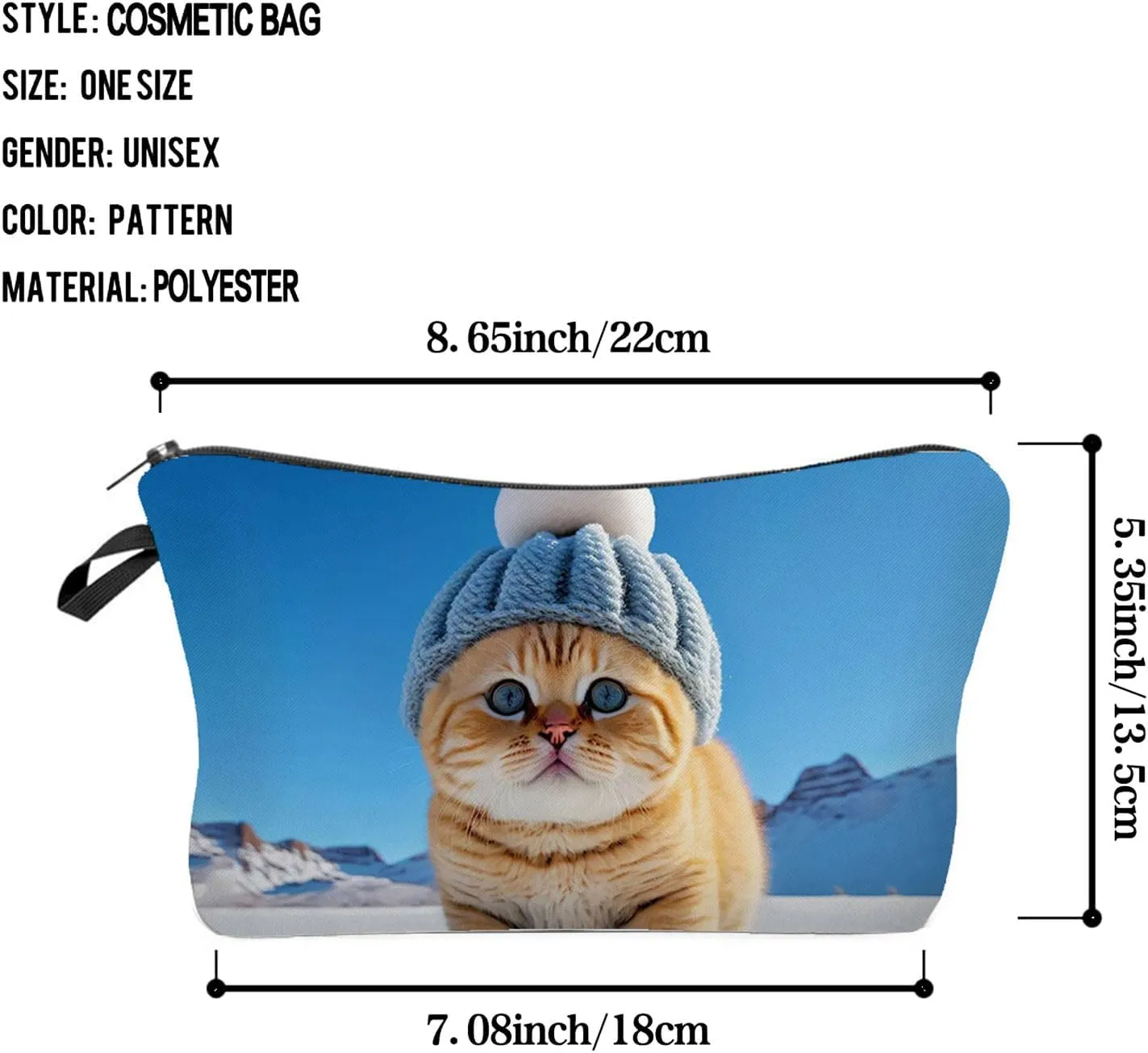 Chubby Cat Makeup Bag Kitten Organizer Zipper Pouch Cat With Hat In The Snow Cosmetic Bag Adorable Kitty Present for Cat Lovers Cat Mom Women Friends