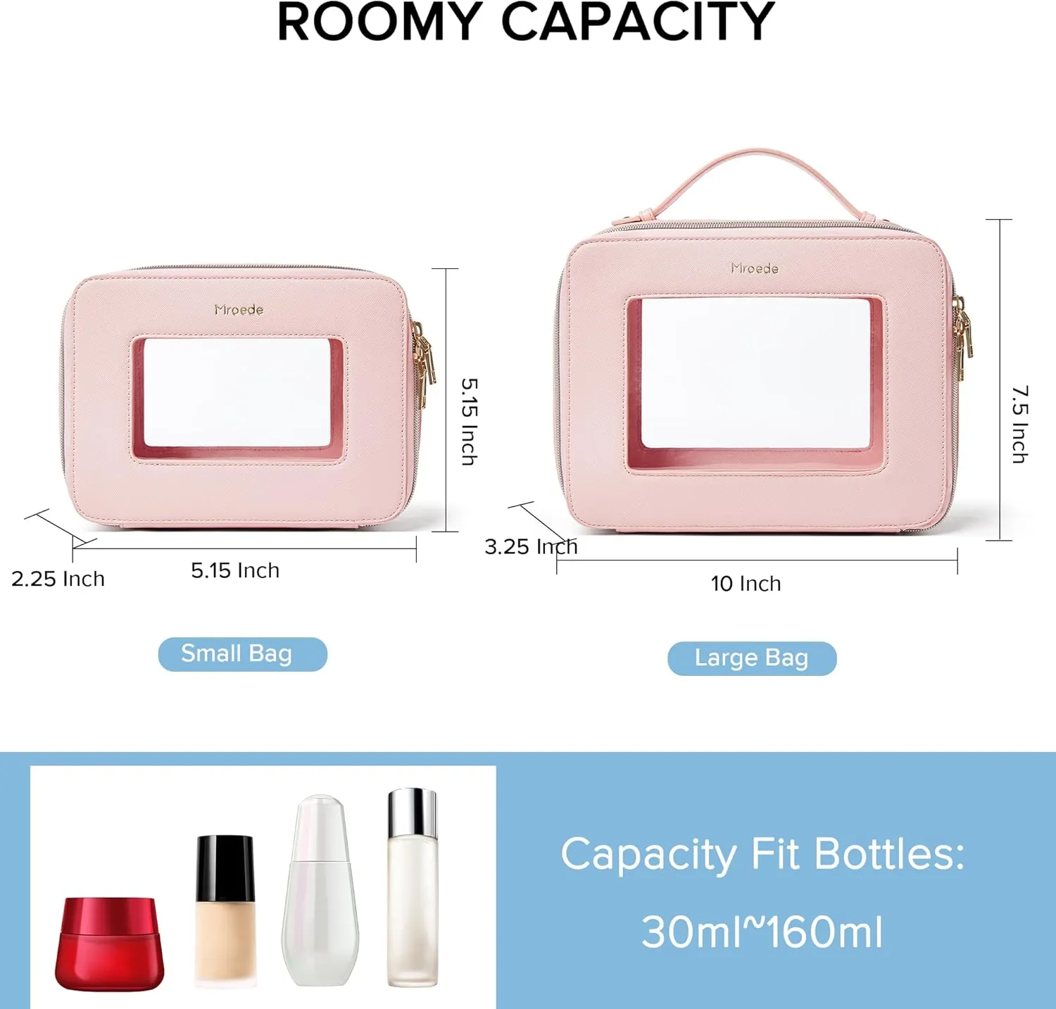 Clear Makeup Set 2 Pcs Travel Cosmetic Bag Portable With Zipper Multipurpose Toiletry Organizer Transparent for Women Traveling Car Essentials, Pink