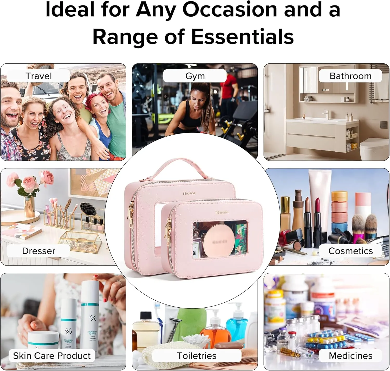 Clear Makeup Set 2 Pcs Travel Cosmetic Bag Portable With Zipper Multipurpose Toiletry Organizer Transparent for Women Traveling Car Essentials, Pink
