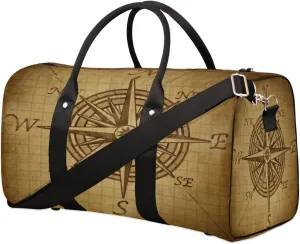 Compass Rose Retro Travel Duffel Bag for Women Men, Vintage Pattern Sport Tote Gym Bag Foldable Weekender Overnight Bag Waterproof Carry On Luggage Bag