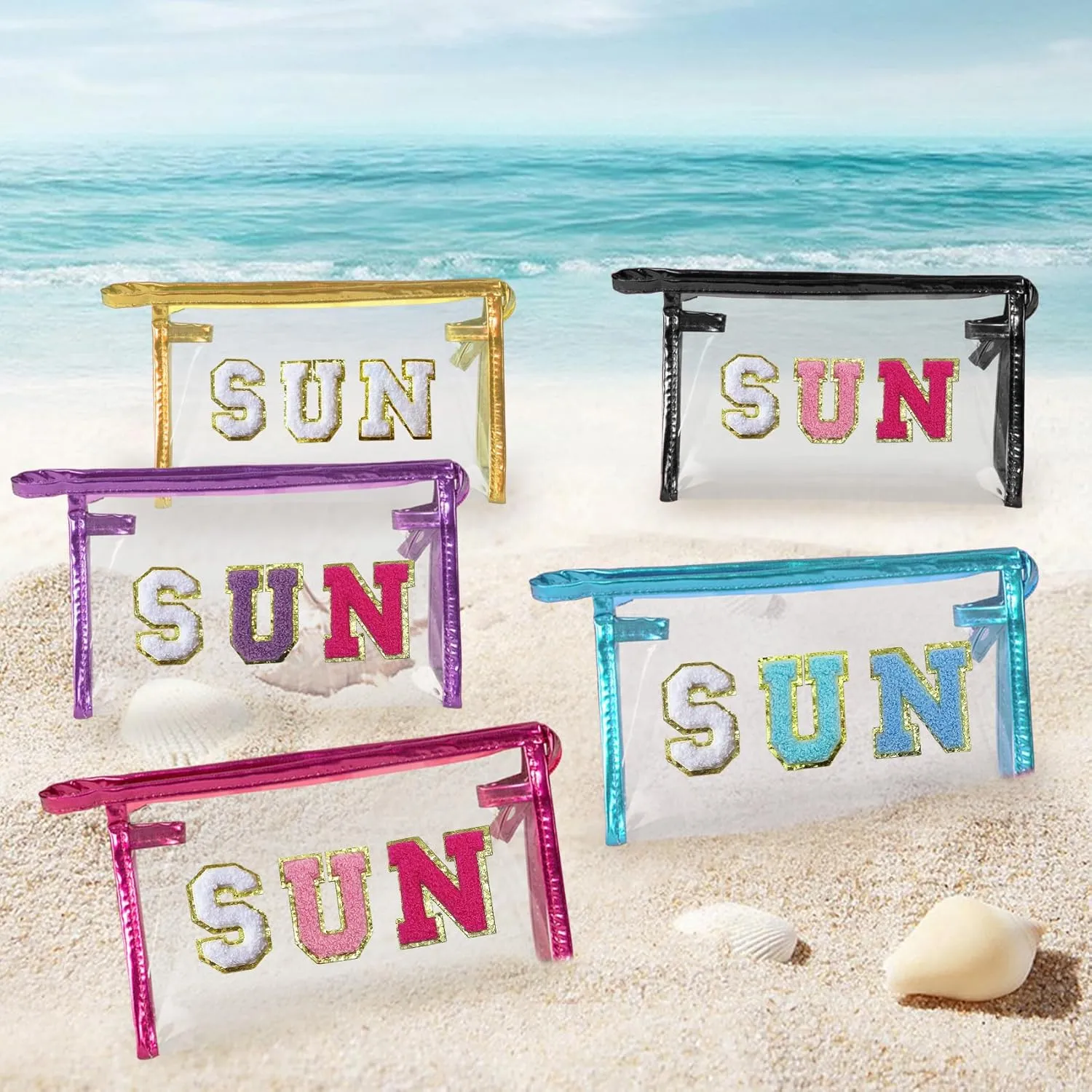 COSHAYSOO Clear Makeup Bag Sunscreen Zipper Pouch Women Fashion Beach Vacation Essentials Travel Summer Pool Stuff for Teenager Girls Preppy Gifts with Trendy Cute Chenille Letter Golden SUN