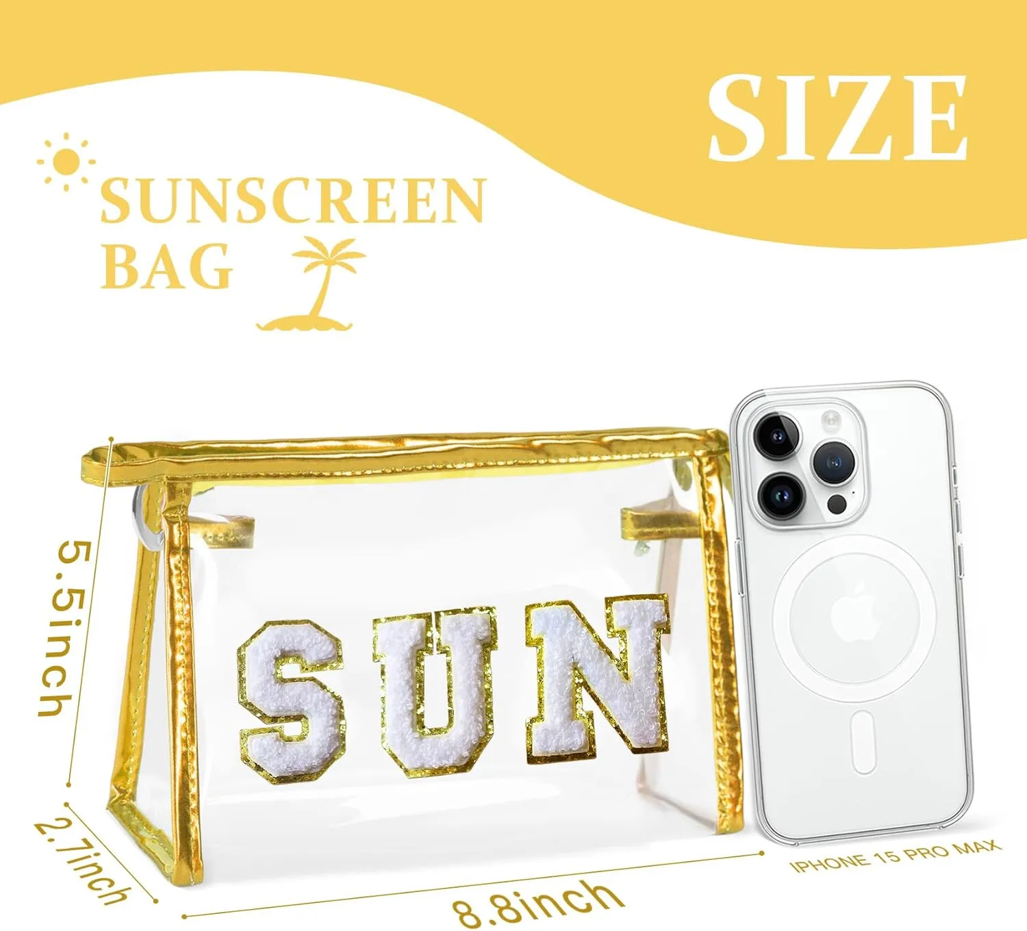 COSHAYSOO Clear Makeup Bag Sunscreen Zipper Pouch Women Fashion Beach Vacation Essentials Travel Summer Pool Stuff for Teenager Girls Preppy Gifts with Trendy Cute Chenille Letter Golden SUN