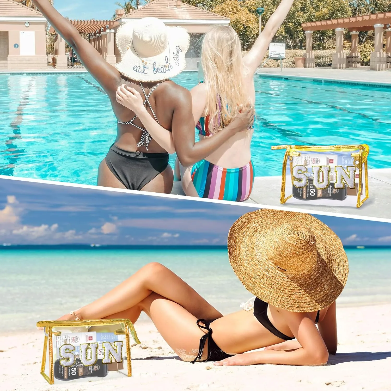COSHAYSOO Clear Makeup Bag Sunscreen Zipper Pouch Women Fashion Beach Vacation Essentials Travel Summer Pool Stuff for Teenager Girls Preppy Gifts with Trendy Cute Chenille Letter Golden SUN
