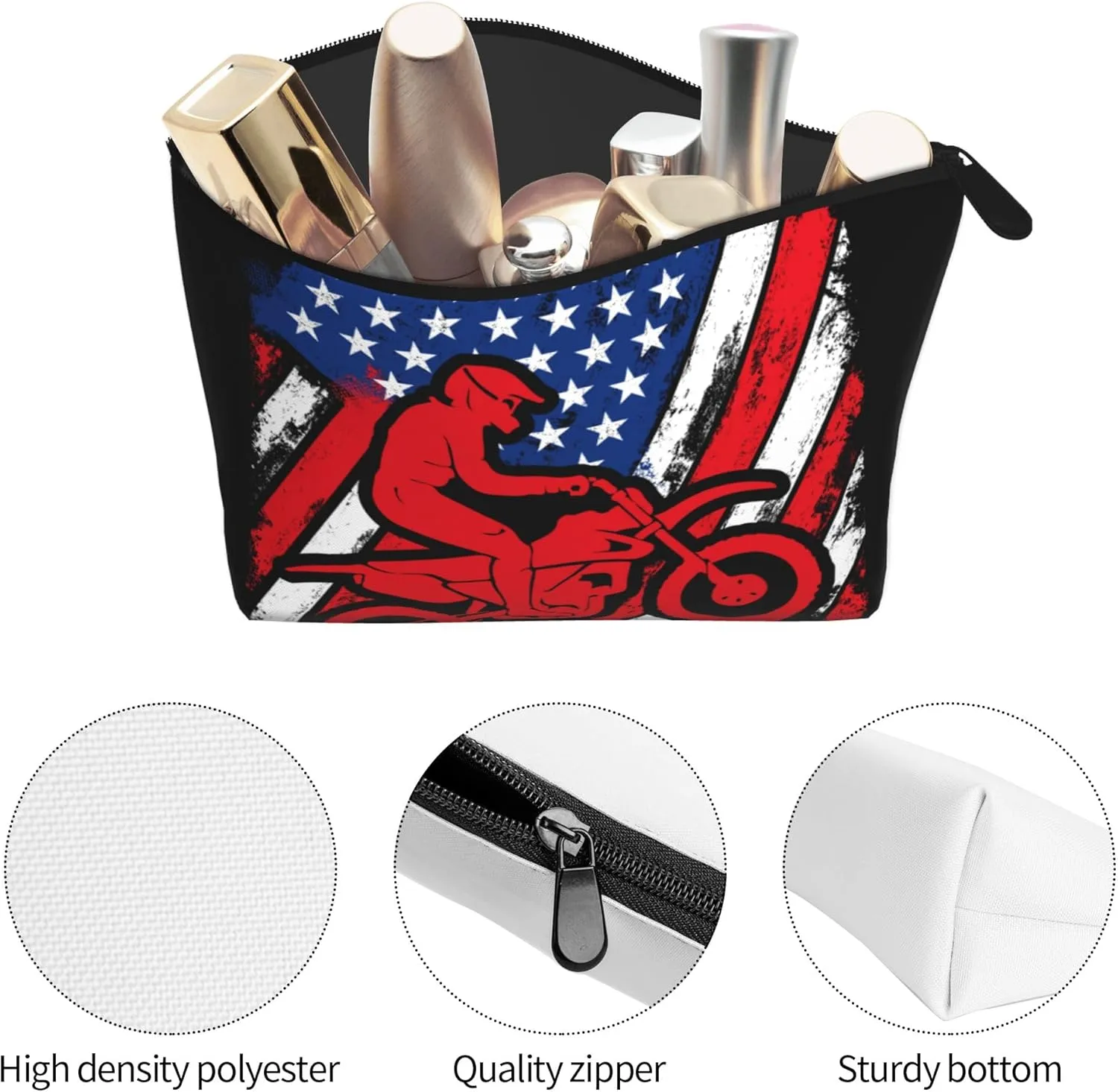 Cosmetic Bags For Women Motorcycle American Flag Motocross Dirt Bike Small Makeup Bag For Purse Travel Toiletry Bag Accessories Organizer Zipper Pouch