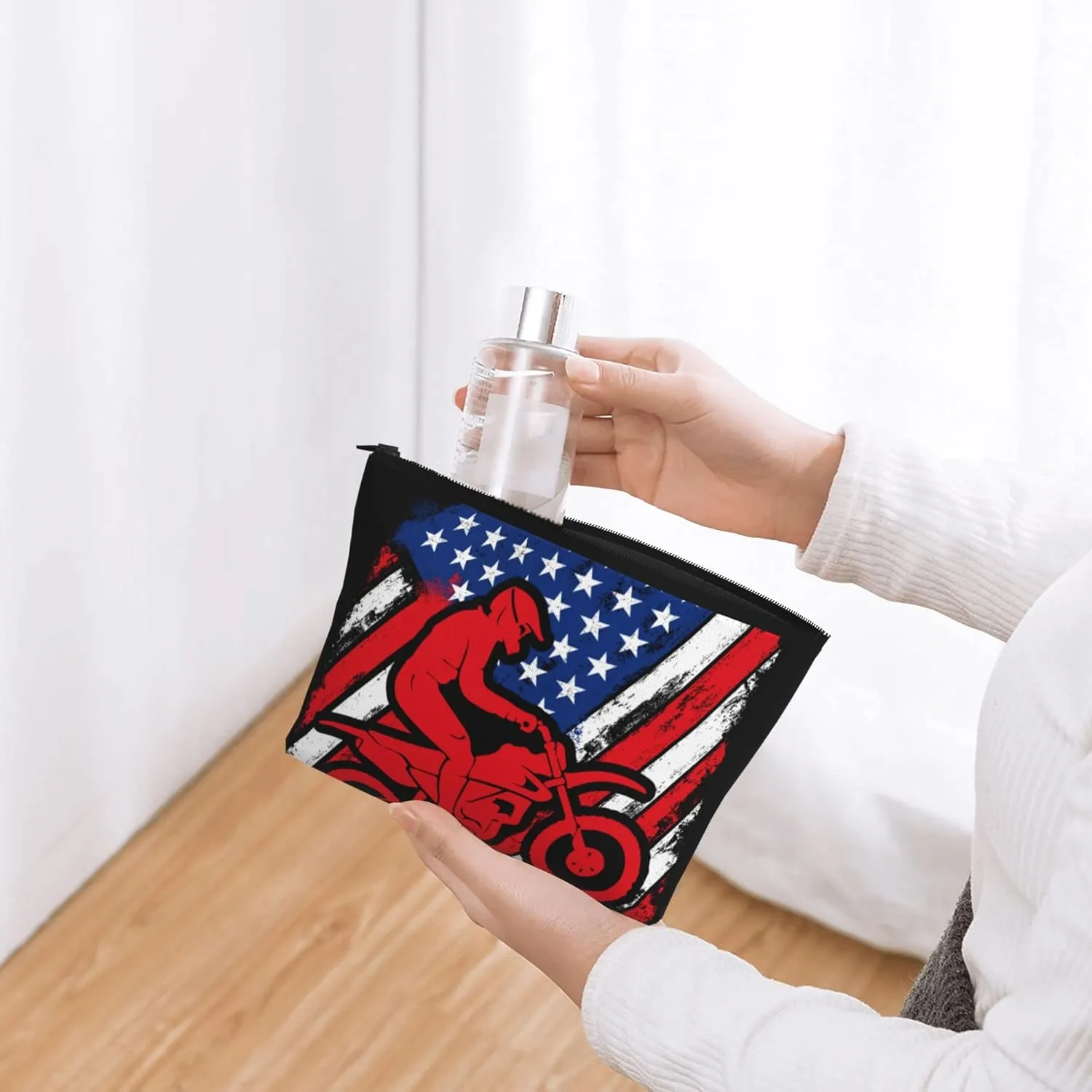 Cosmetic Bags For Women Motorcycle American Flag Motocross Dirt Bike Small Makeup Bag For Purse Travel Toiletry Bag Accessories Organizer Zipper Pouch