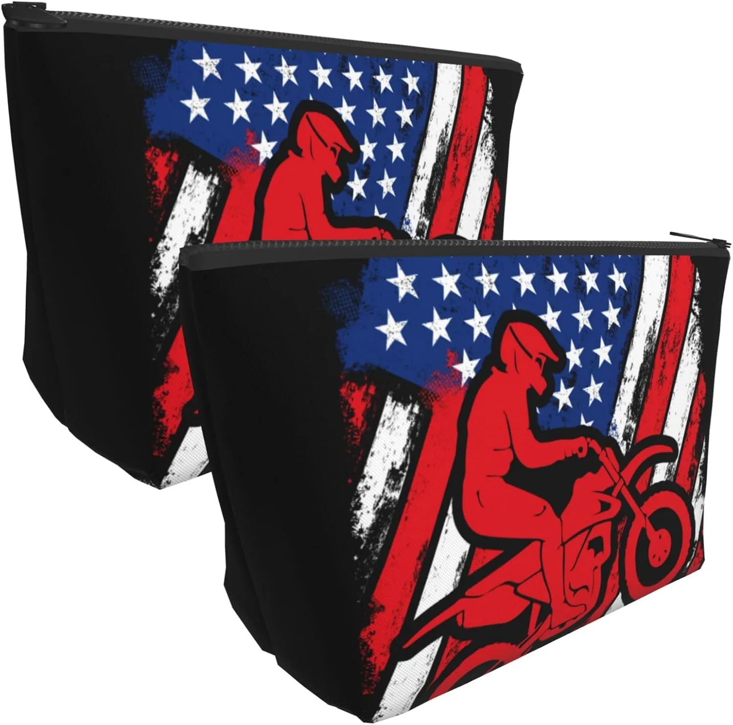 Cosmetic Bags For Women Motorcycle American Flag Motocross Dirt Bike Small Makeup Bag For Purse Travel Toiletry Bag Accessories Organizer Zipper Pouch