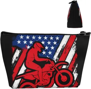 Cosmetic Bags For Women Motorcycle American Flag Motocross Dirt Bike Small Makeup Bag For Purse Travel Toiletry Bag Accessories Organizer Zipper Pouch