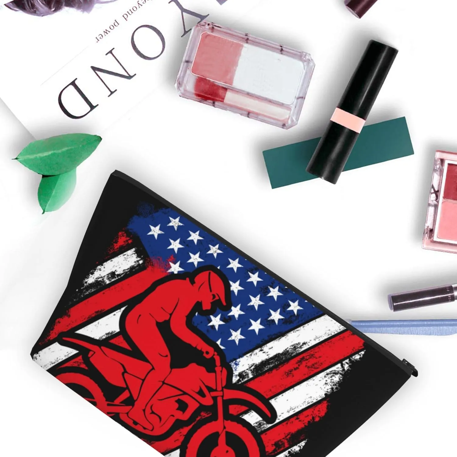 Cosmetic Bags For Women Motorcycle American Flag Motocross Dirt Bike Small Makeup Bag For Purse Travel Toiletry Bag Accessories Organizer Zipper Pouch