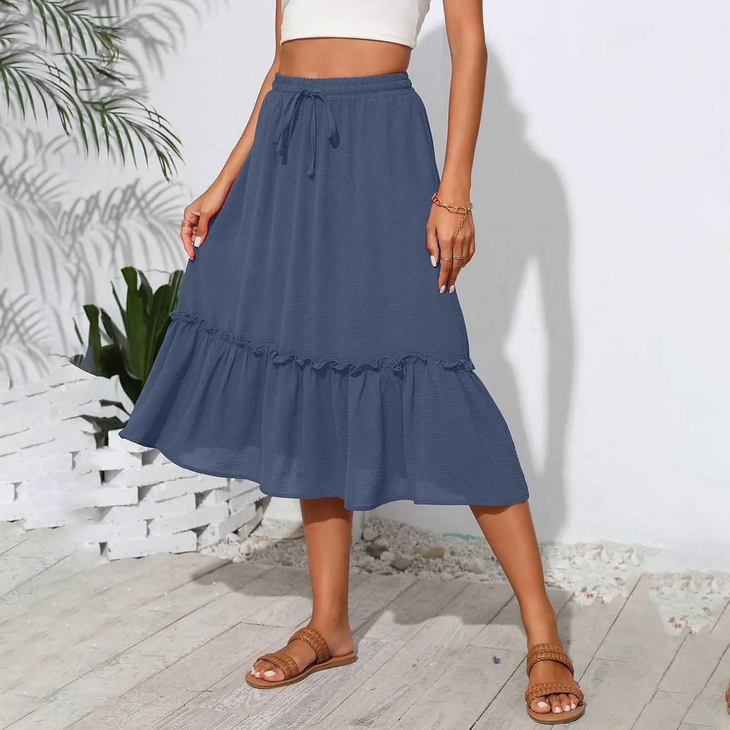 Cotton Tiered Midi Skirts for Women with Pockets 2025 Casual High Elastic Waisted Summer Skirts Flowy Tie Beach Skirt