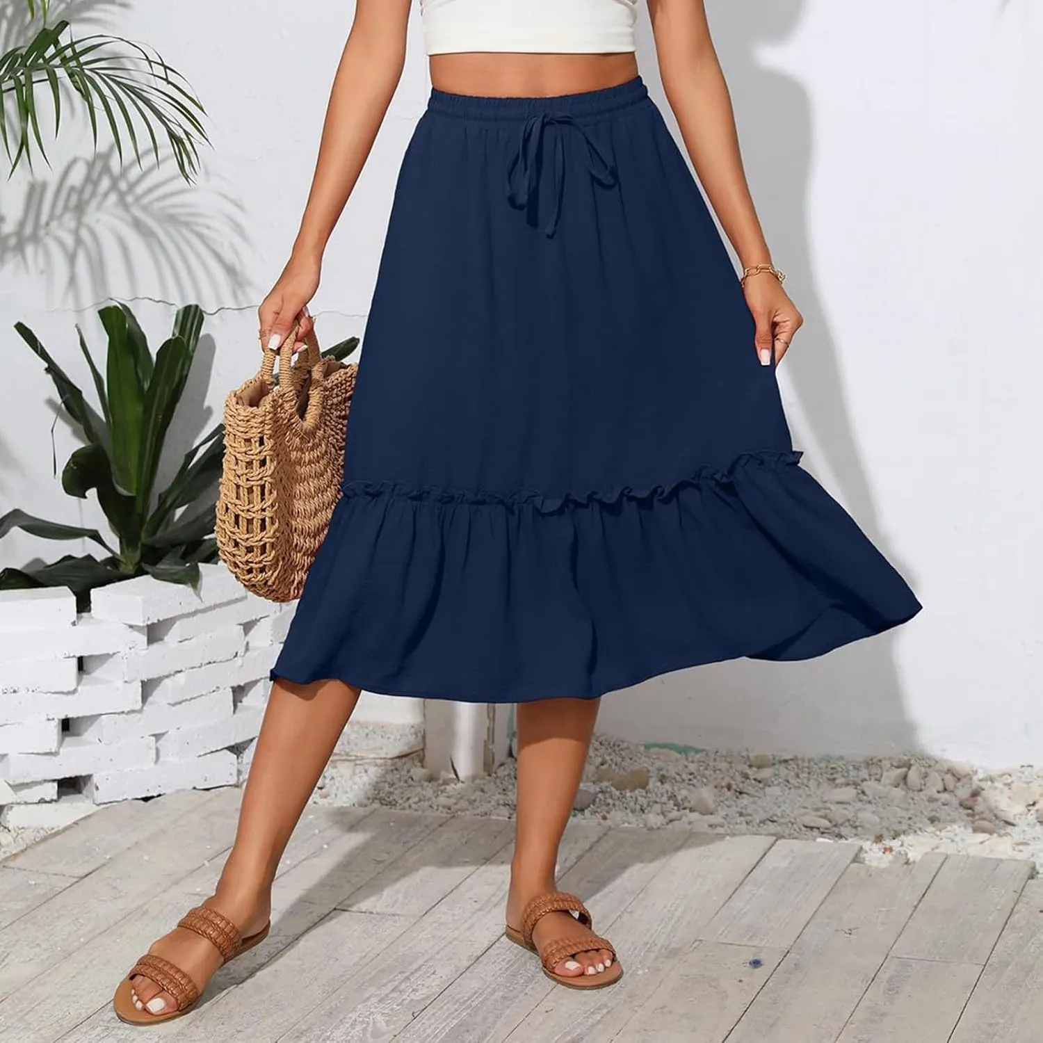 Cotton Tiered Midi Skirts for Women with Pockets 2025 Casual High Elastic Waisted Summer Skirts Flowy Tie Beach Skirt