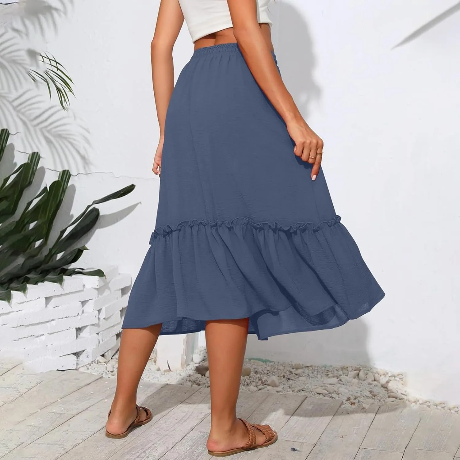 Cotton Tiered Midi Skirts for Women with Pockets 2025 Casual High Elastic Waisted Summer Skirts Flowy Tie Beach Skirt