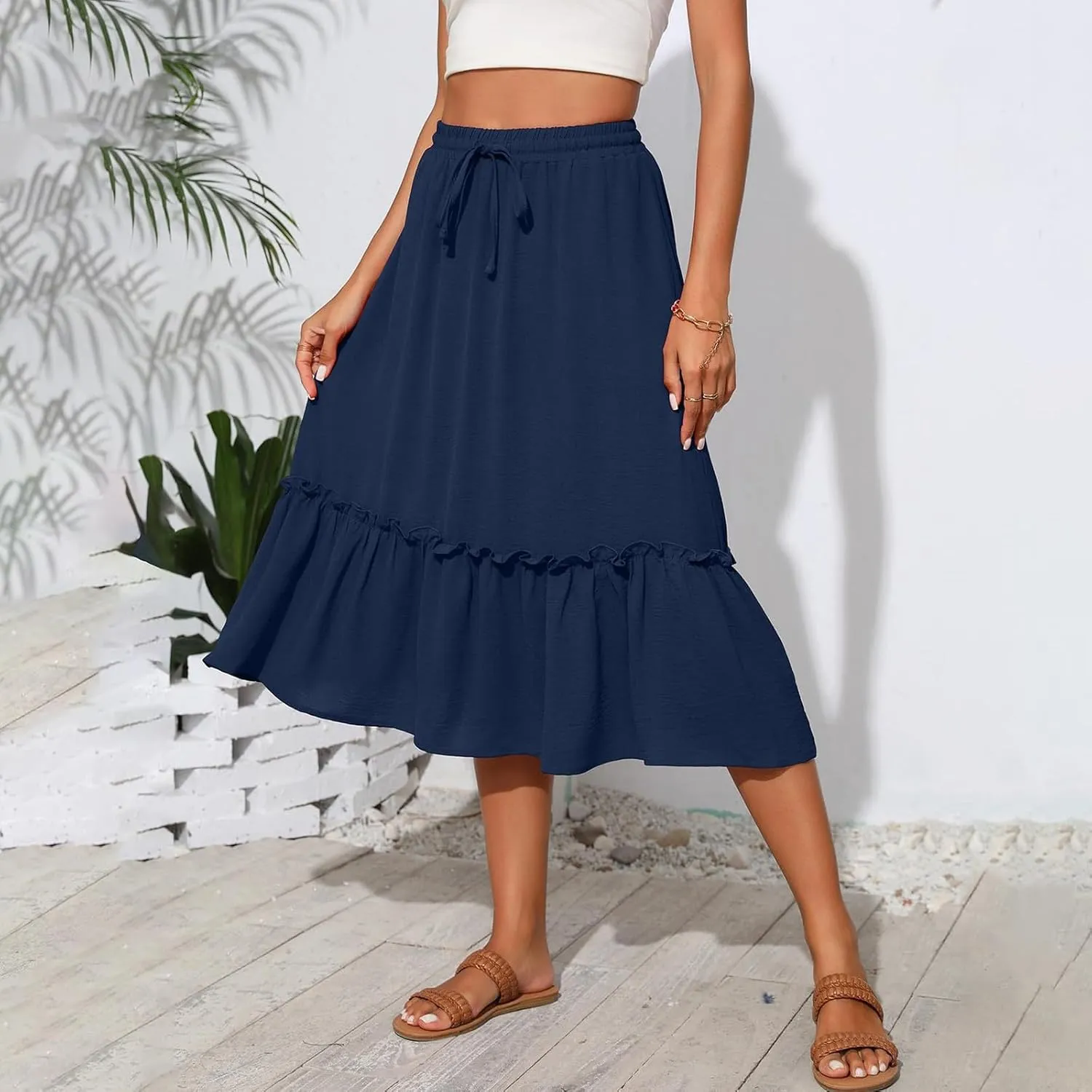 Cotton Tiered Midi Skirts for Women with Pockets 2025 Casual High Elastic Waisted Summer Skirts Flowy Tie Beach Skirt