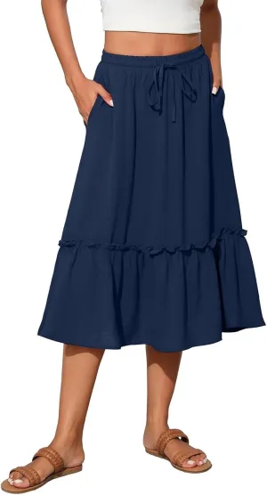 Cotton Tiered Midi Skirts for Women with Pockets 2025 Casual High Elastic Waisted Summer Skirts Flowy Tie Beach Skirt