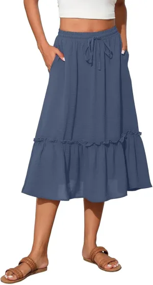 Cotton Tiered Midi Skirts for Women with Pockets 2025 Casual High Elastic Waisted Summer Skirts Flowy Tie Beach Skirt