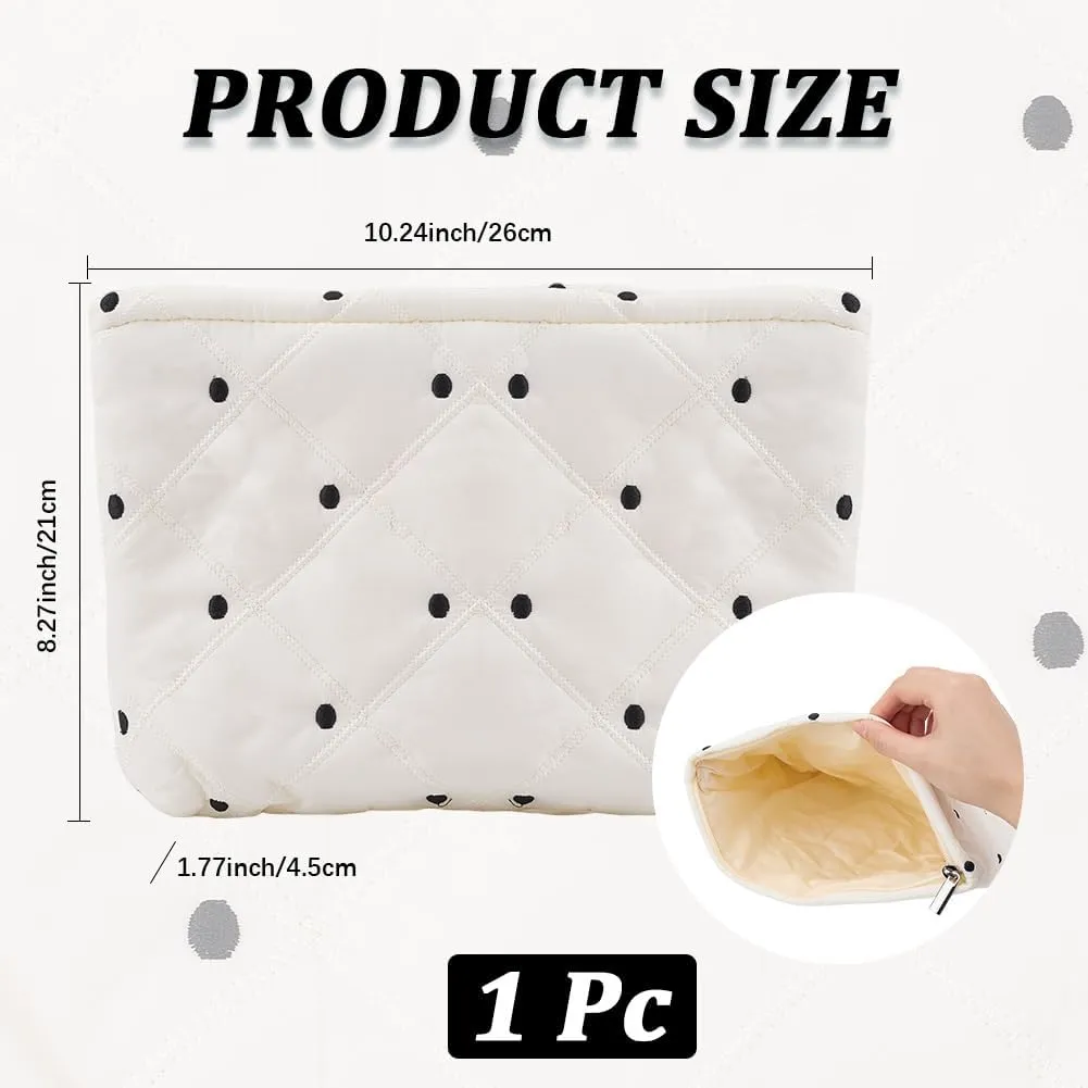 CREATCABIN Puffy Cosmetic Bag Quilted Makeup Bag Make Up Bag Zipper Toiletry Bag Makeup Pouch Purse Embroidery Portable Travel Capacity Organizer Washable Holiday for Women Polka Dot 8.27x10.2 Inch