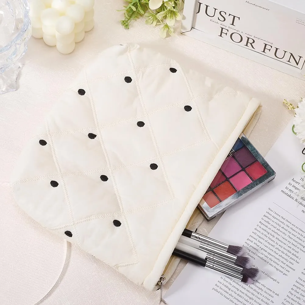 CREATCABIN Puffy Cosmetic Bag Quilted Makeup Bag Make Up Bag Zipper Toiletry Bag Makeup Pouch Purse Embroidery Portable Travel Capacity Organizer Washable Holiday for Women Polka Dot 8.27x10.2 Inch