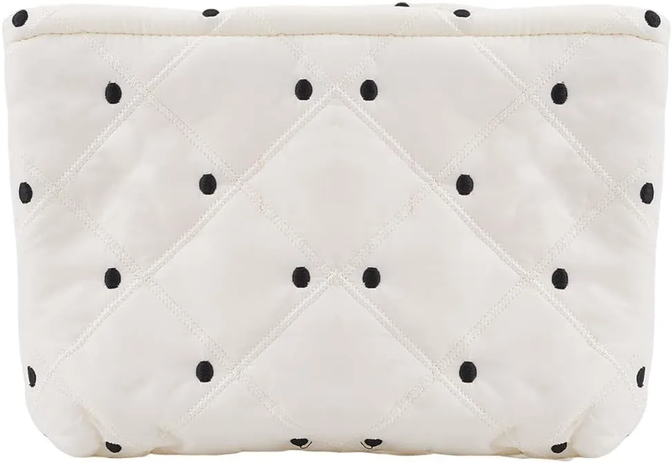 CREATCABIN Puffy Cosmetic Bag Quilted Makeup Bag Make Up Bag Zipper Toiletry Bag Makeup Pouch Purse Embroidery Portable Travel Capacity Organizer Washable Holiday for Women Polka Dot 8.27x10.2 Inch