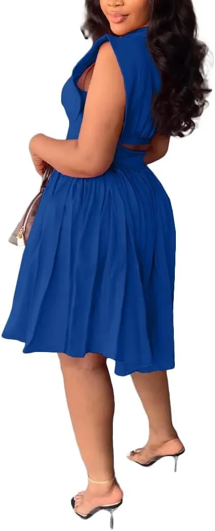 cu4eve Summer Swing Dress for Women Casual V Neck Sleeveless Smocked Wrap Midi Plus Size Cocktail Dresses Party