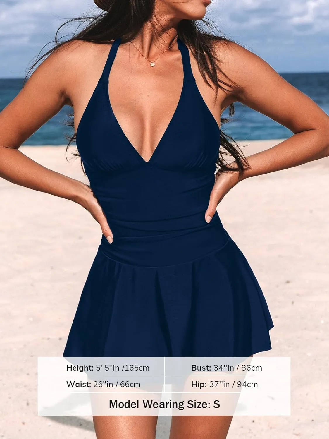 CUPSHE Women's One Piece Swimdress V Neck Plunge Halter Self Tie Open Back Ruched Bathing Suit