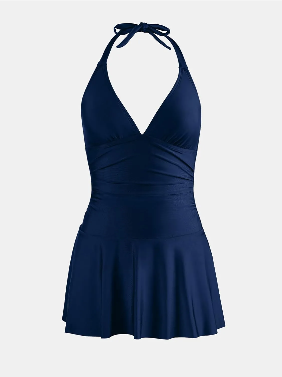 CUPSHE Women's One Piece Swimdress V Neck Plunge Halter Self Tie Open Back Ruched Bathing Suit