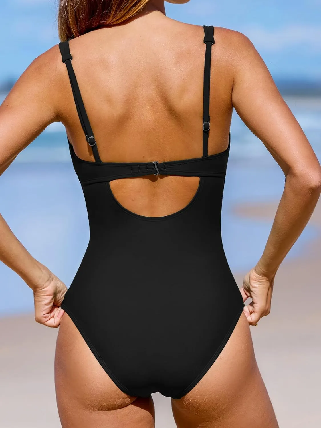 CUPSHE Women's One Piece Swimsuit Tummy Control Bathing Suit V Neck Drawstring Double Adjustable Straps Back Hook