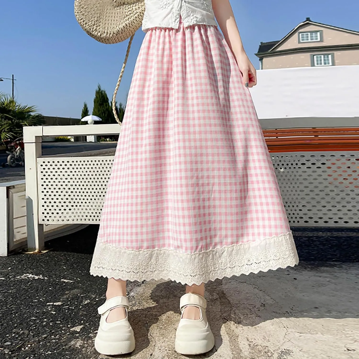 Cute Plaid Pleated Skirt for Women High Waisted Long Skirts A Line Midi Summer Dress Comfy Loose Fit Y2k Outfits