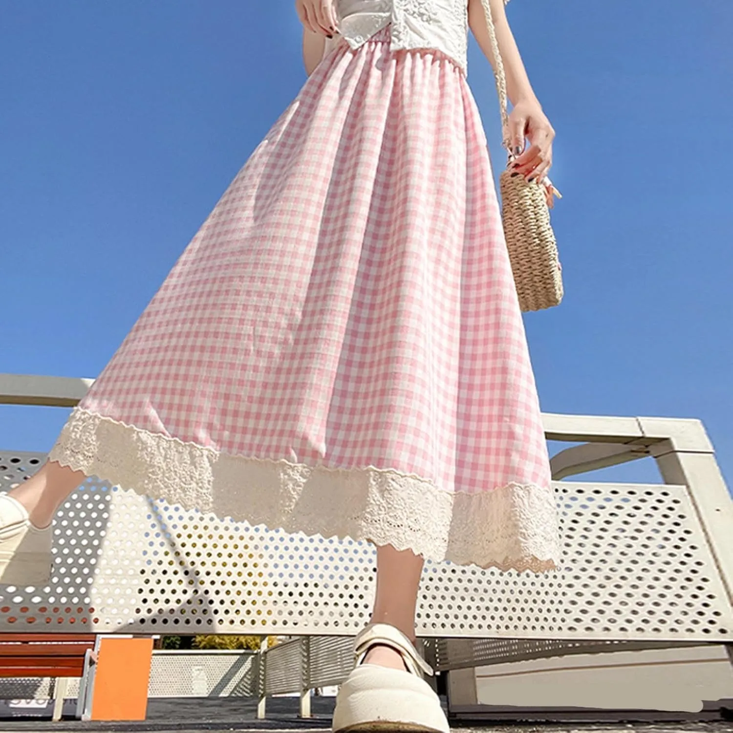 Cute Plaid Pleated Skirt for Women High Waisted Long Skirts A Line Midi Summer Dress Comfy Loose Fit Y2k Outfits
